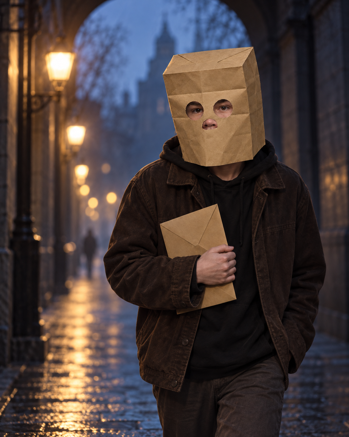 Anonymous Jack carrying an envelope on a rainy blue evening